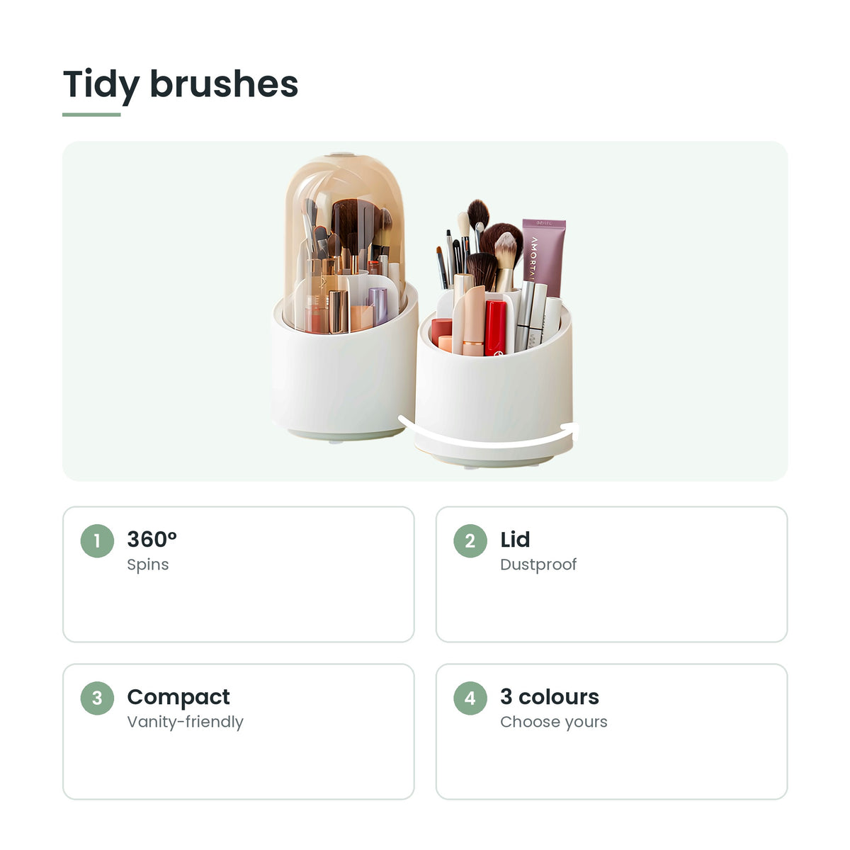 360° rotating makeup brush holder key features: 360°, lid, compact, 3 colours