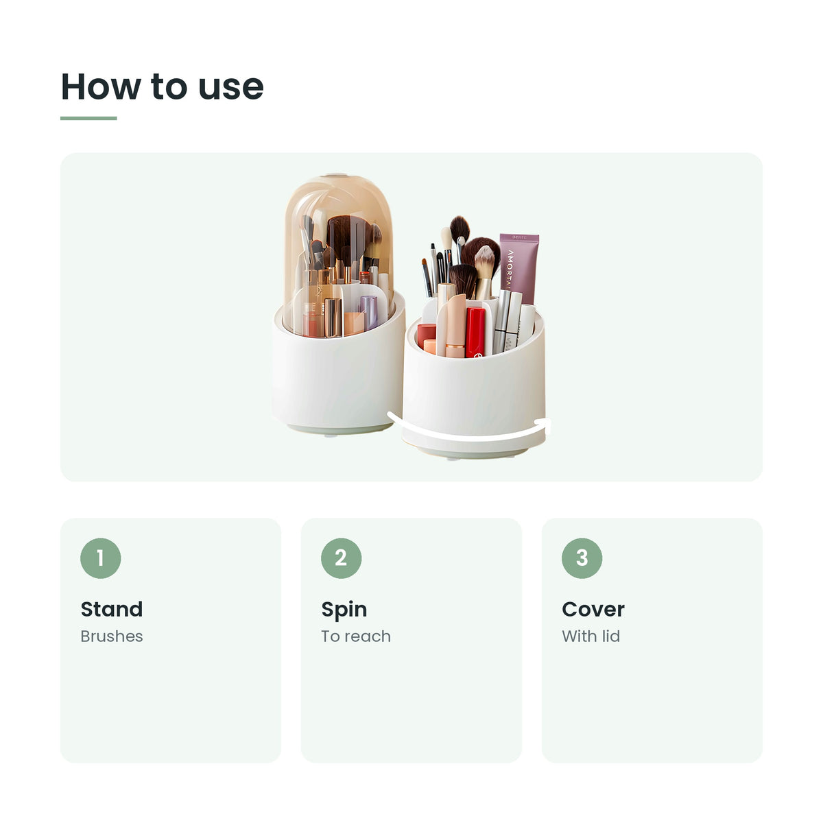 How to use the 360° rotating makeup brush holder: stand, spin, cover