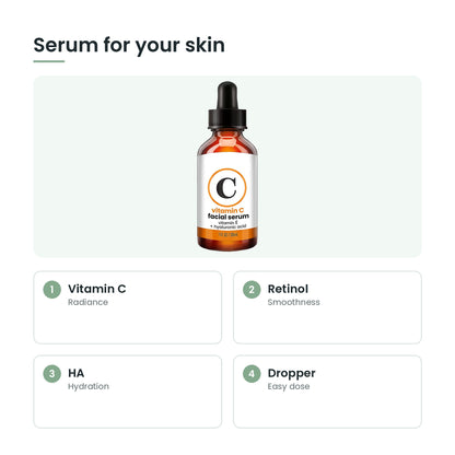 Face serum key features: vitamin c, retinol, ha, dropper