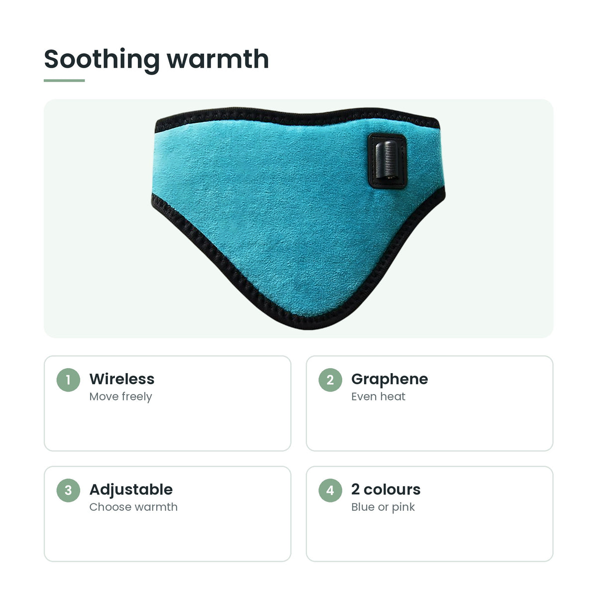 Wireless heated neck wrap key features: wireless, graphene, adjustable, 2 colours