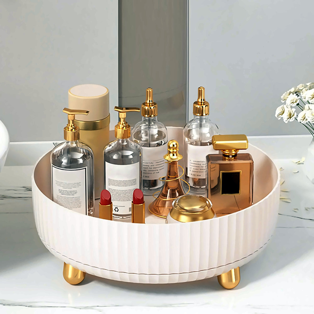 Rotating organiser with skincare and perfume