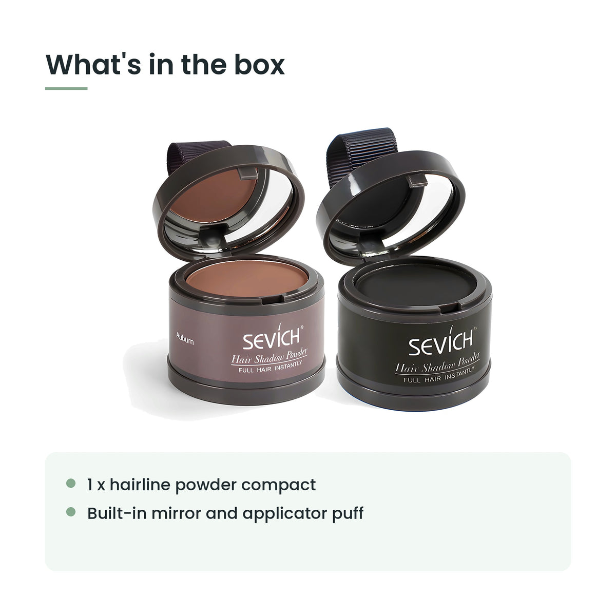 What's in the box: hairline powder compact with mirror and puff