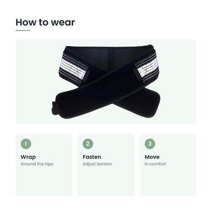 How to use the adjustable hip support belt: wrap, fasten, move