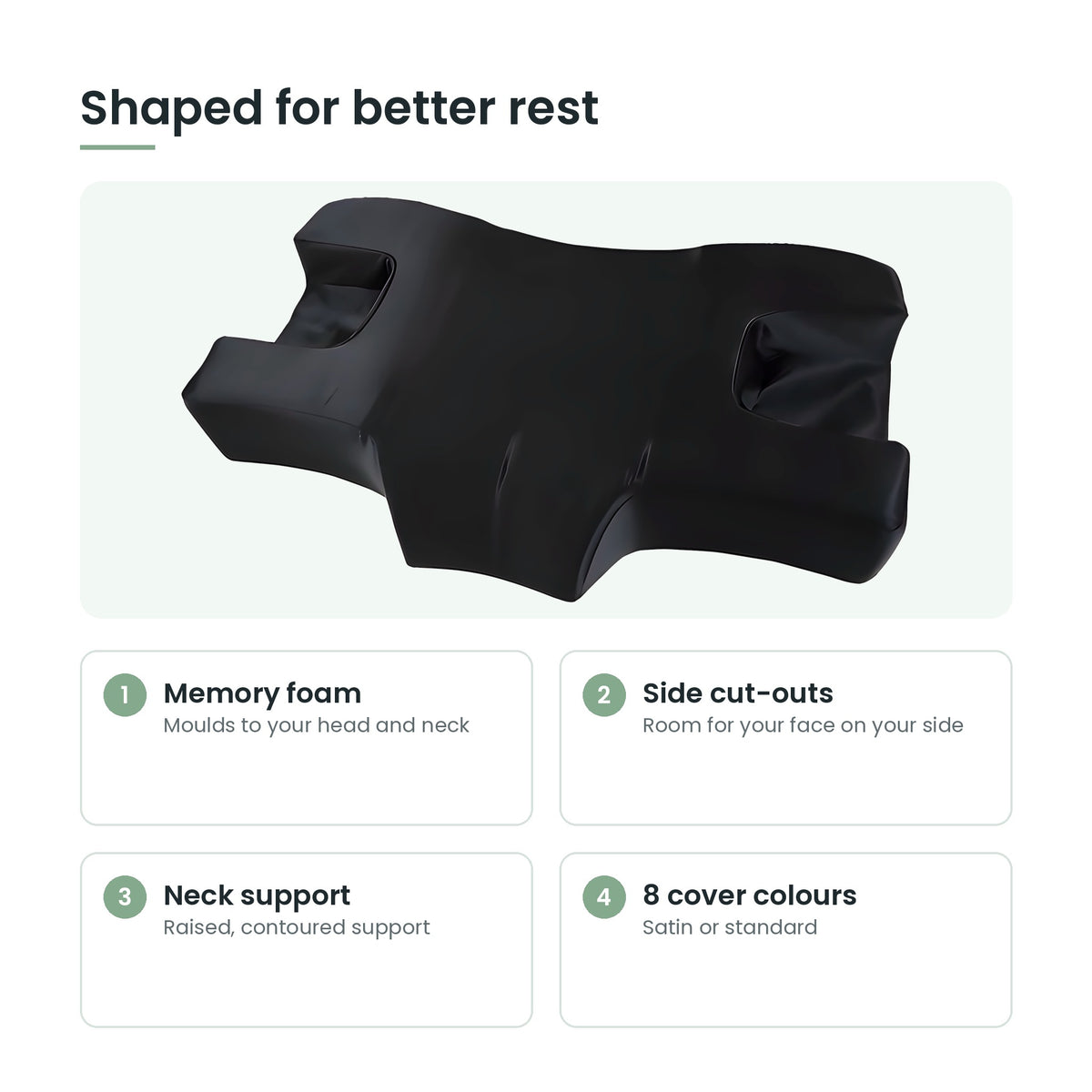 Beauty pillow key features: memory foam, side cut-outs, neck support, satin covers