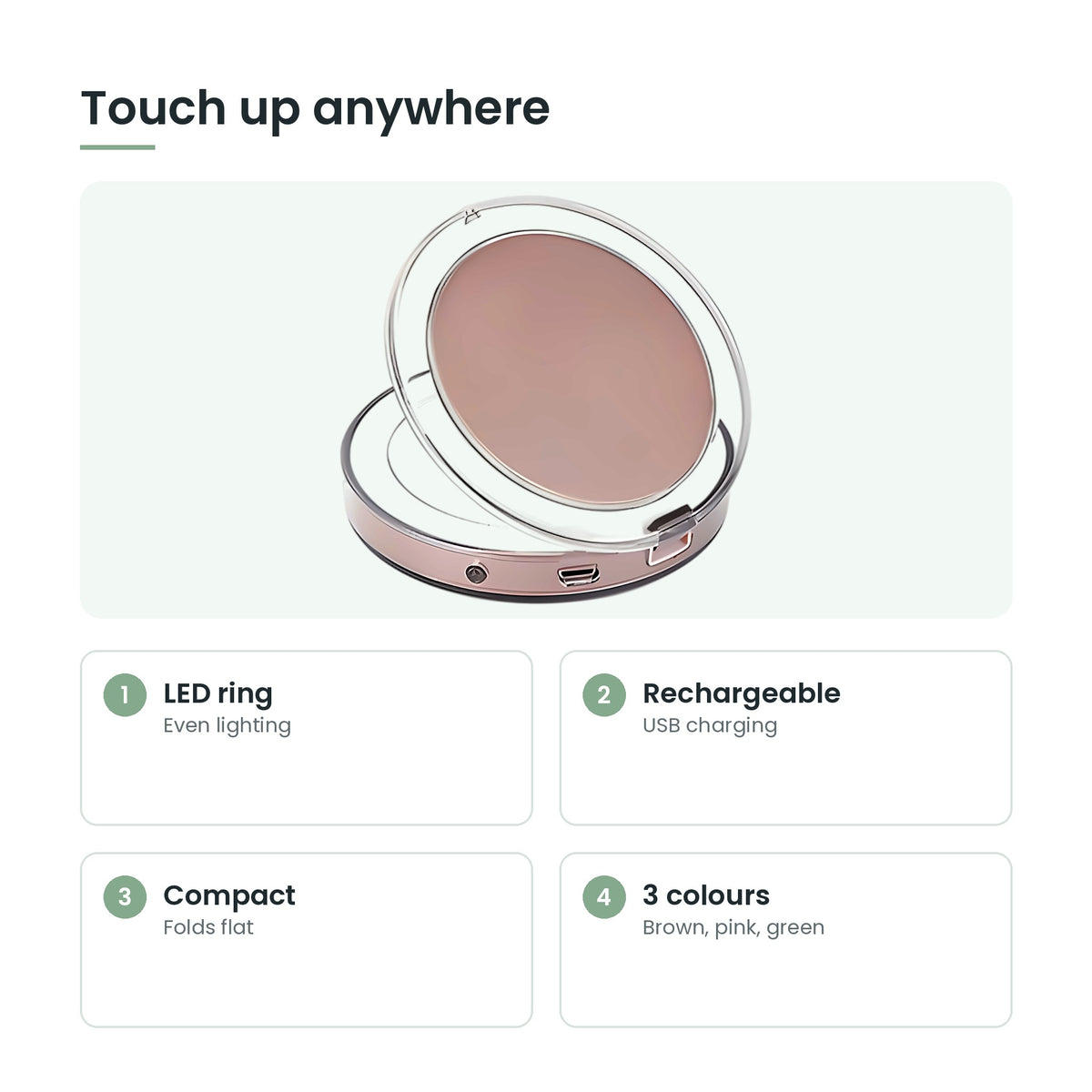 Portable LED makeup mirror key features: led ring, rechargeable, compact, 3 colours