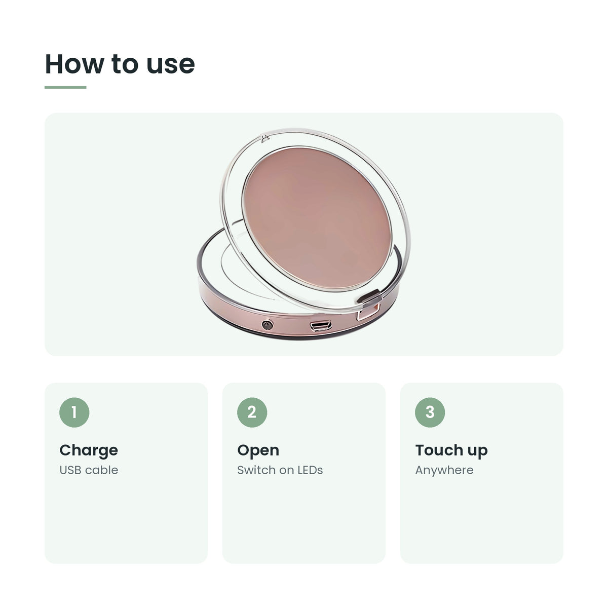 How to use the portable LED makeup mirror: charge, open, touch up