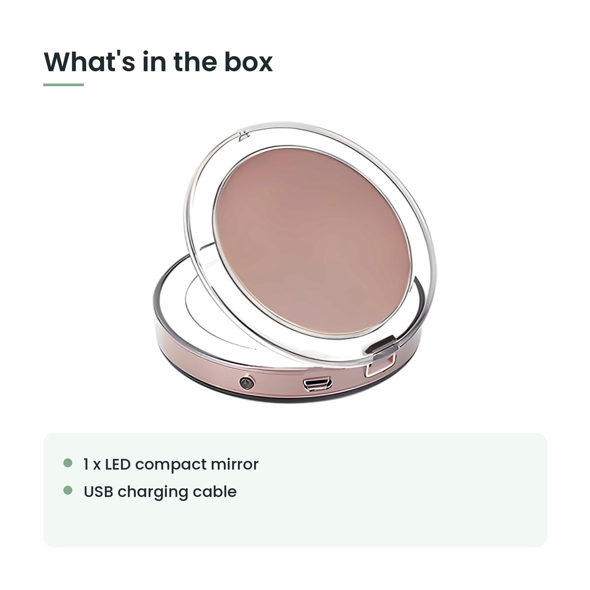 What's in the box: 1 x led compact mirror, usb charging cable