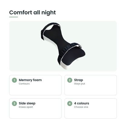 Memory foam knee pillow key features: memory foam, strap, side sleep, 4 colours