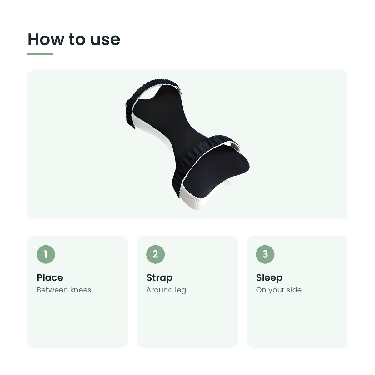 How to use the memory foam knee pillow: place, strap, sleep