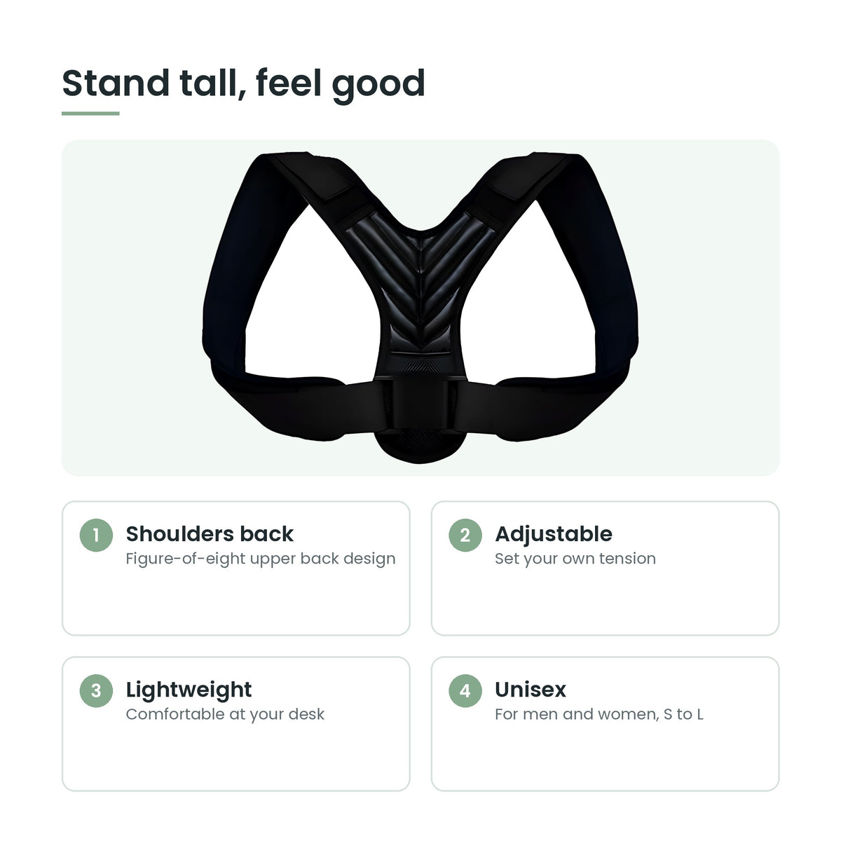 Posture corrector key features: shoulders back, adjustable, lightweight, unisex