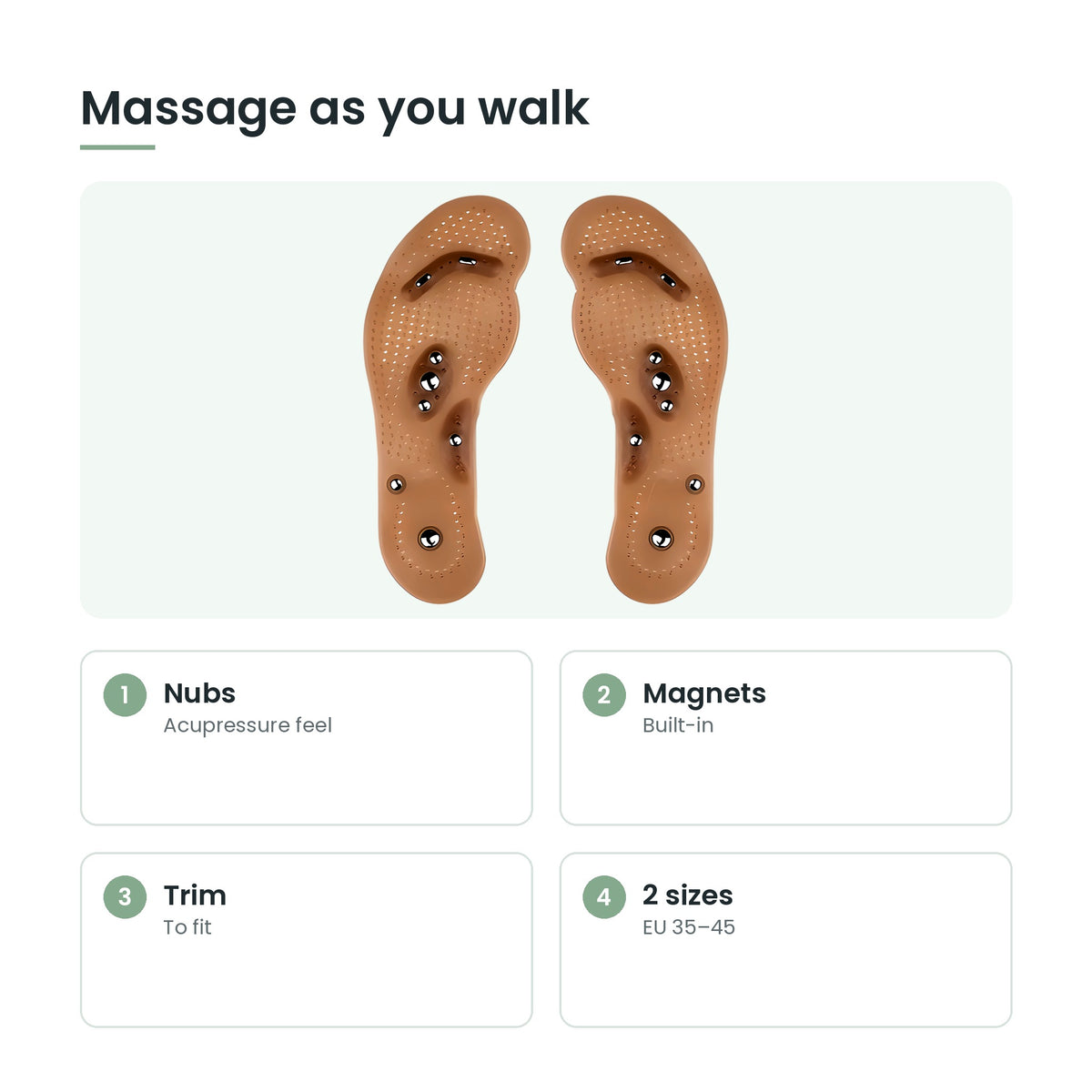 Magnetic acupressure massage insoles key features: nubs, magnets, trim, 2 sizes