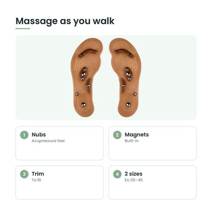 Magnetic acupressure massage insoles key features: nubs, magnets, trim, 2 sizes