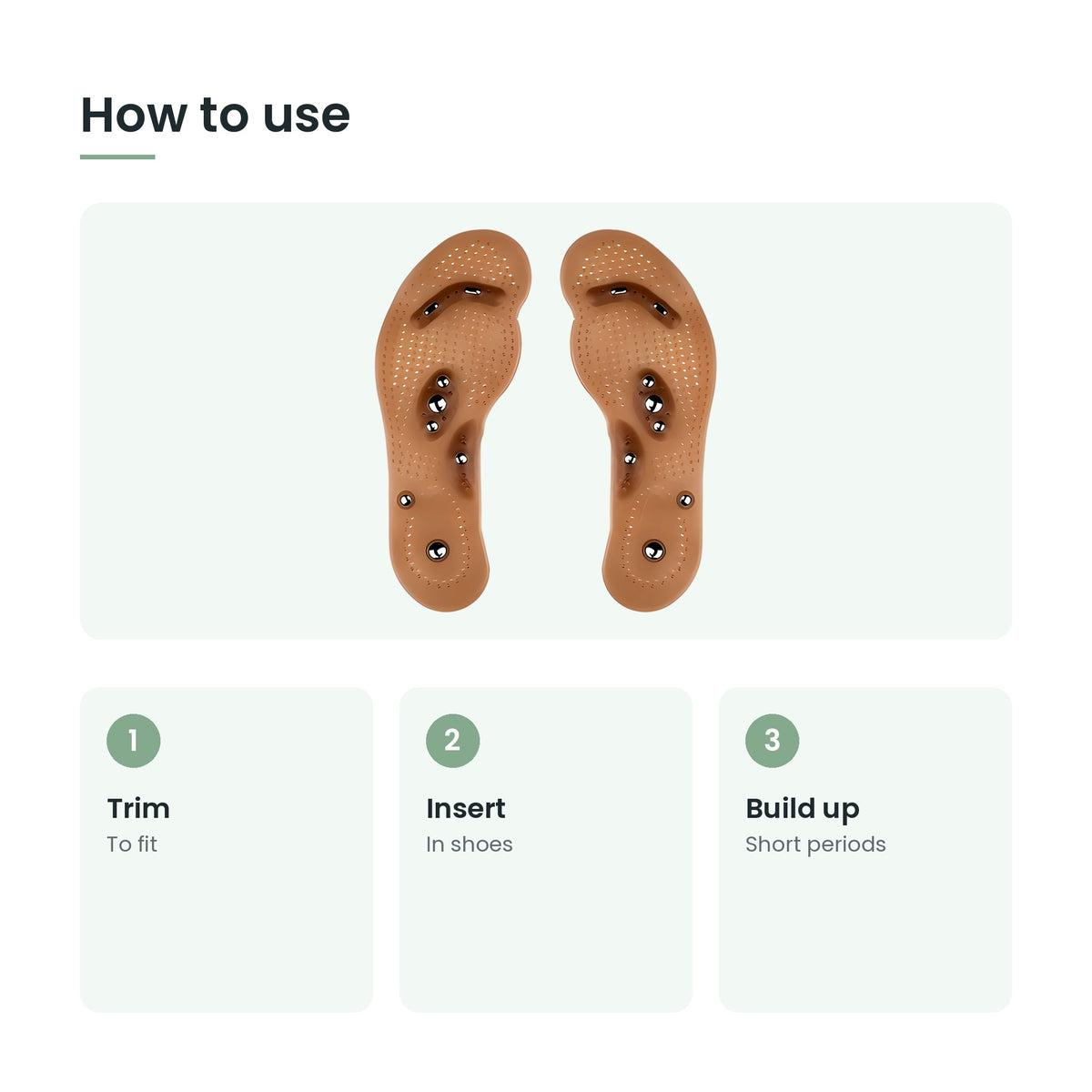 How to use the magnetic acupressure massage insoles: trim, insert, build up