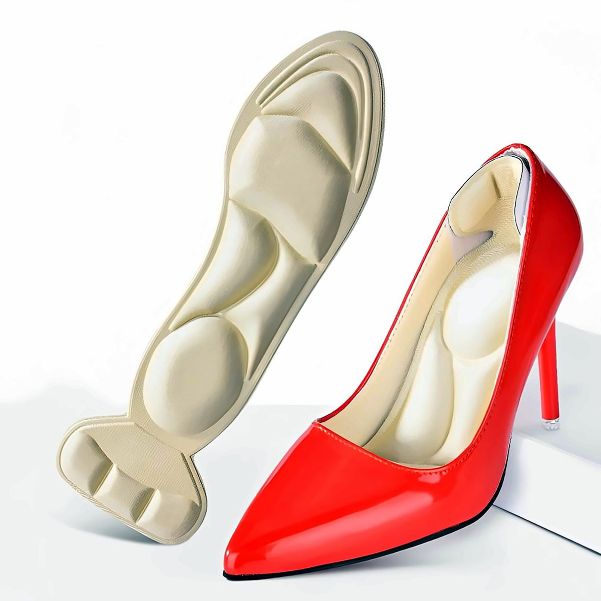 Memory foam insole in a red high heel