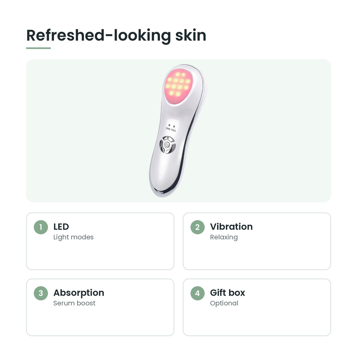6-in-1 LED facial massager key features: led, vibration, absorption, gift box