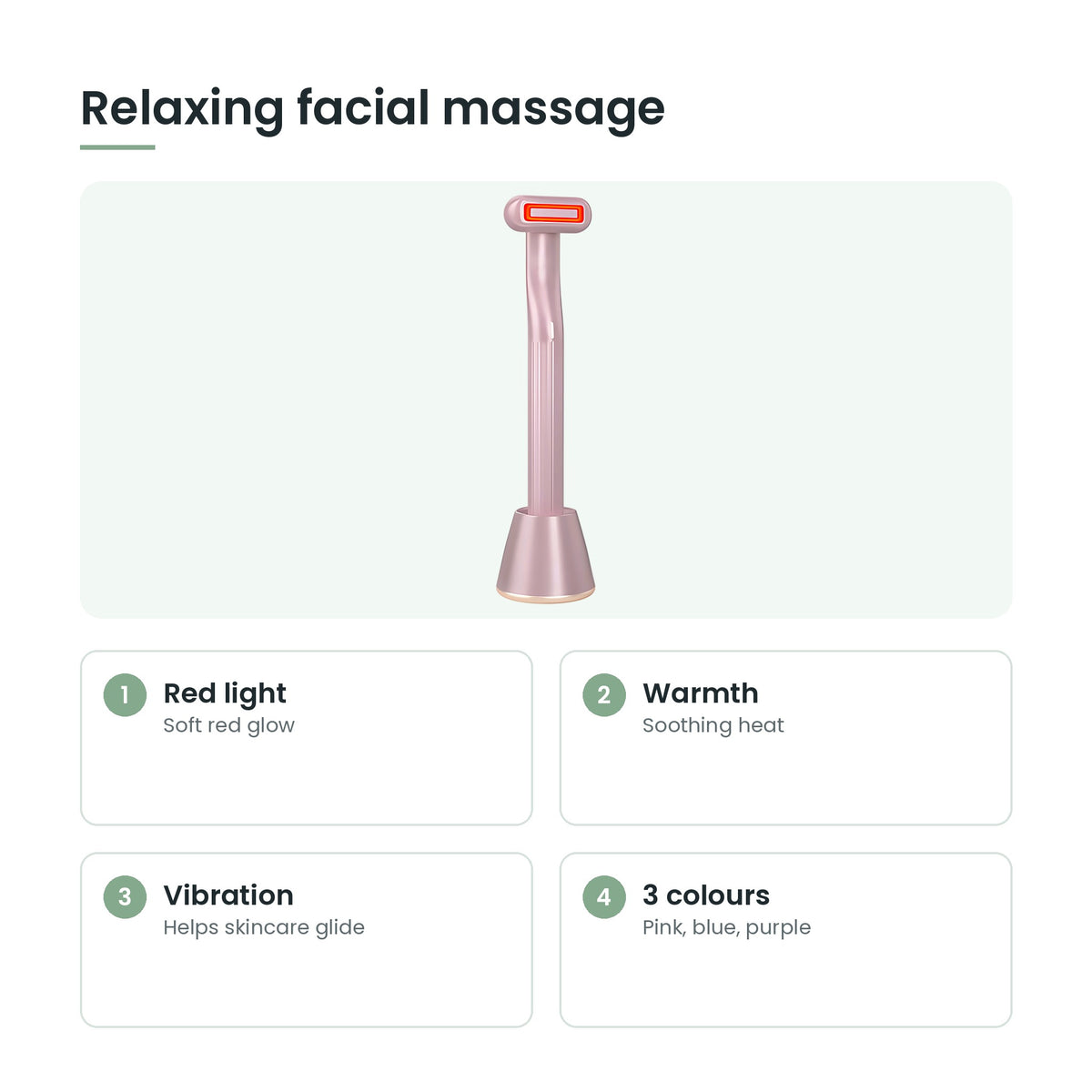 4-in-1 facial massage wand key features: red light, warmth, vibration, 3 colours
