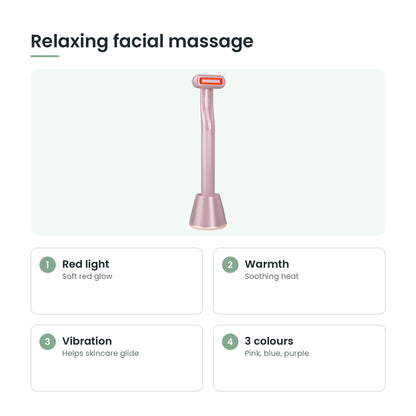 4-in-1 facial massage wand key features: red light, warmth, vibration, 3 colours