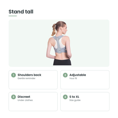 Back posture support belt key features: shoulders back, adjustable, discreet, s to xl