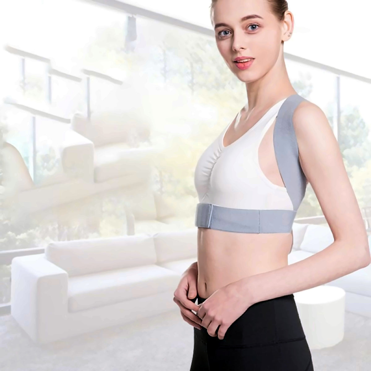 Woman wearing the posture support belt