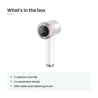 What's in the box: electric foot file, heads, USB cable, brush