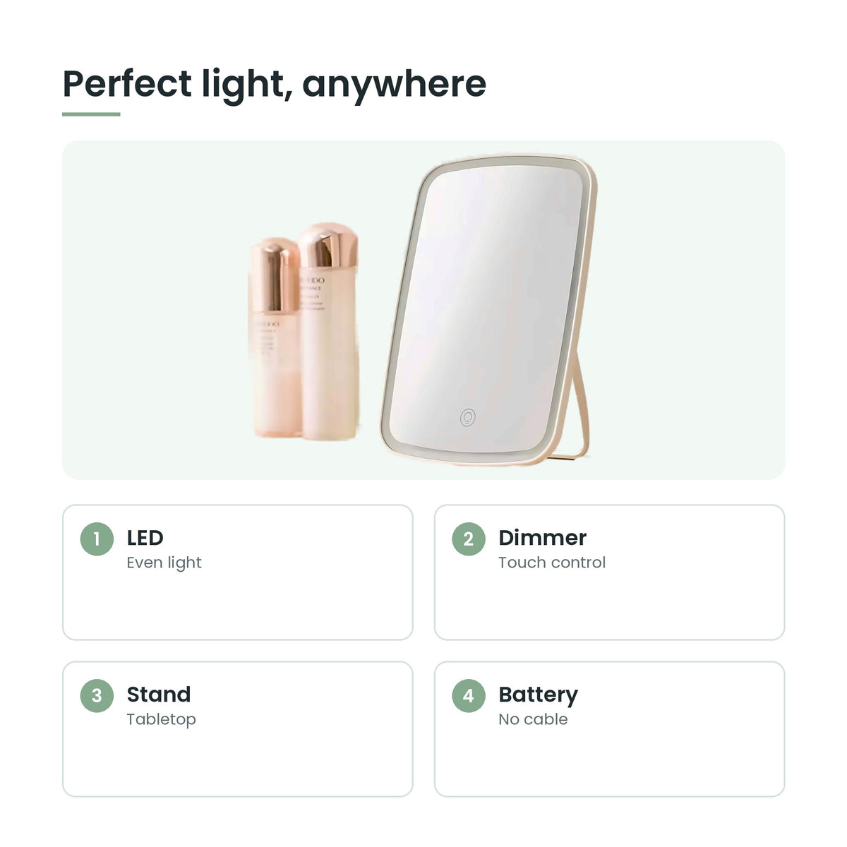 LED makeup mirror key features: led, dimmer, stand, battery