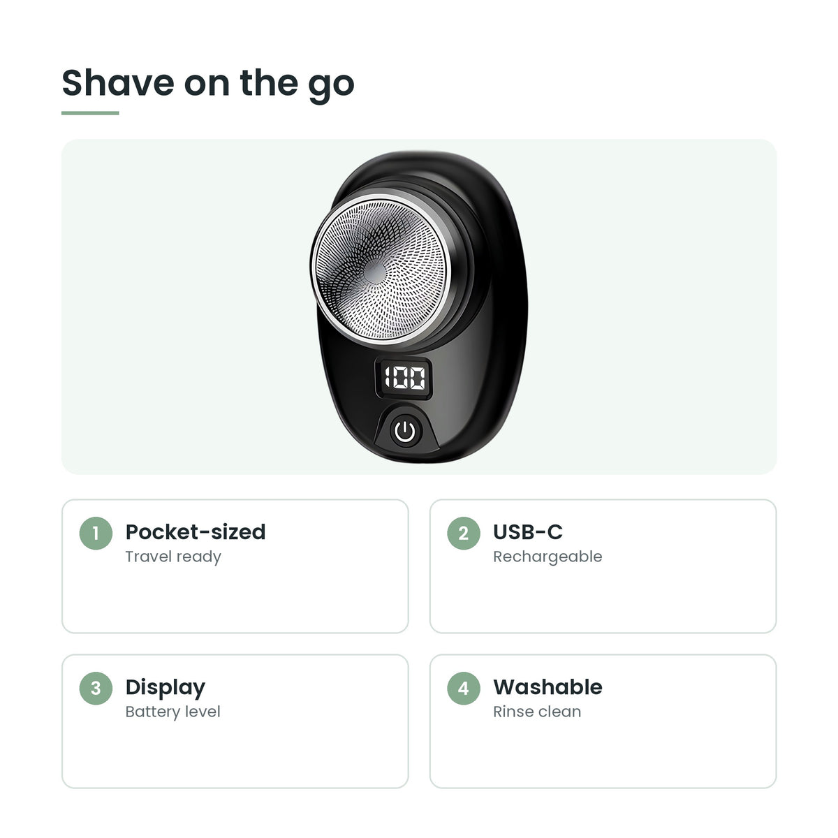 Mini electric shaver key features: pocket-sized, usb-c, display, washable