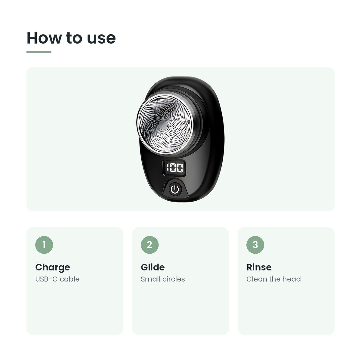 How to use the mini electric shaver: charge, glide, rinse