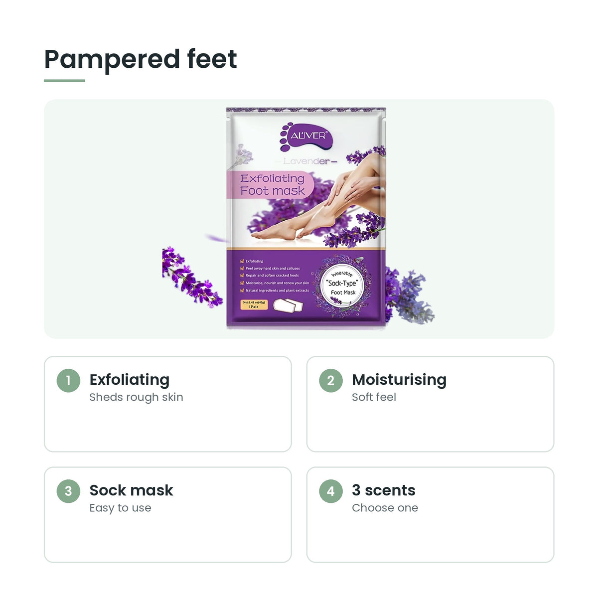Exfoliating foot peel mask key features: exfoliating, moisturising, sock mask, 3 scents