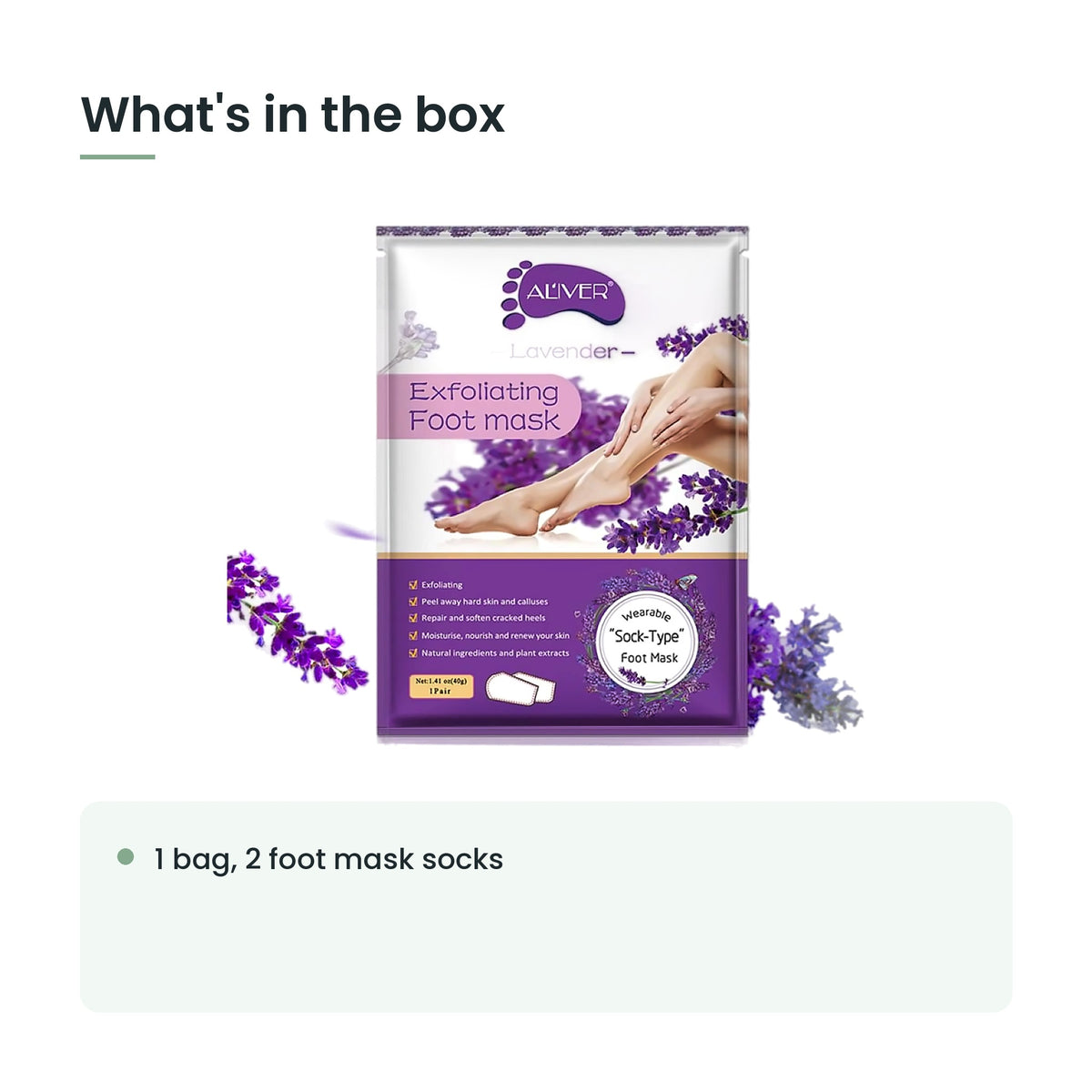 What's in the box: 1 bag, 2 foot mask socks