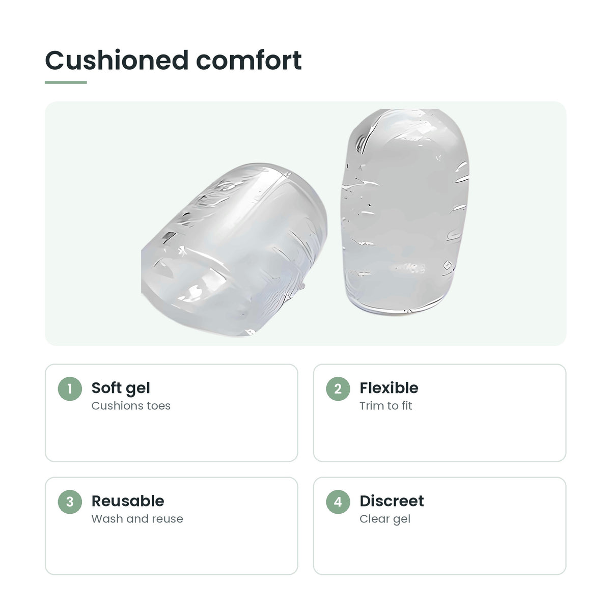 Silicone toe protectors key features: soft gel, flexible, reusable, discreet