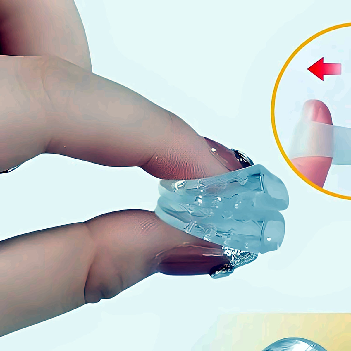 Silicone toe protector held in the fingers