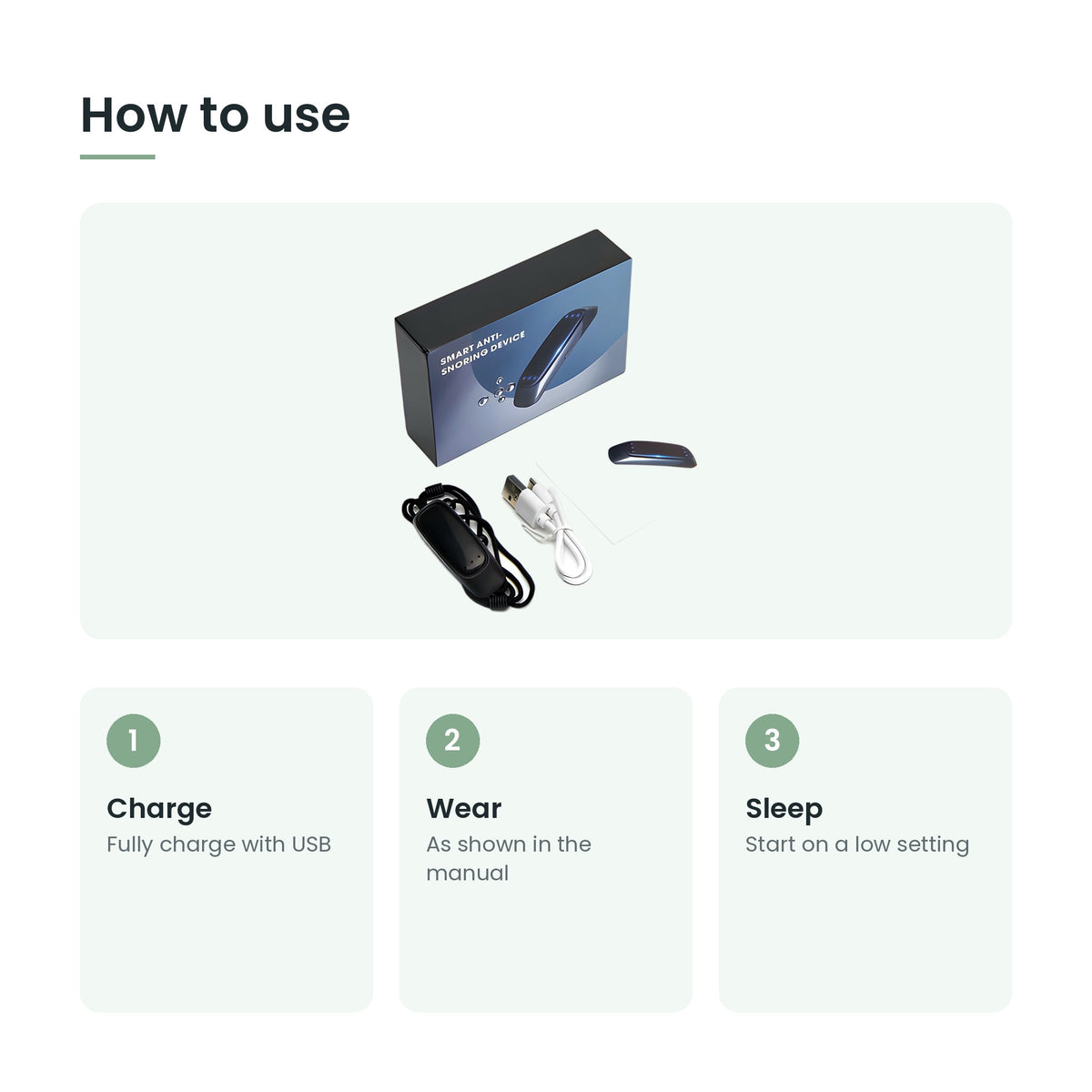 How to use the smart anti-snoring device: charge, wear, sleep