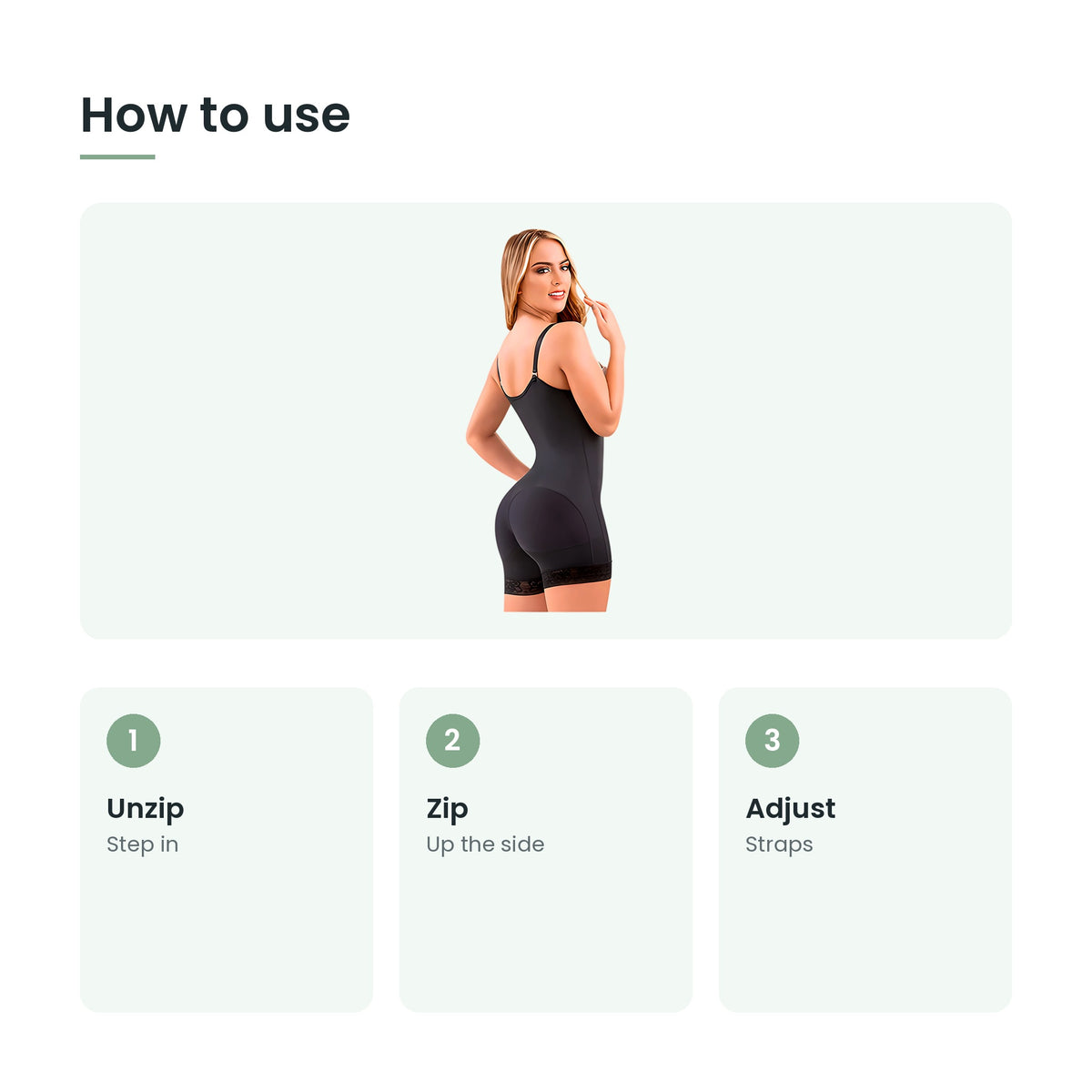 How to use the side zip shaping bodysuit: unzip, zip, adjust