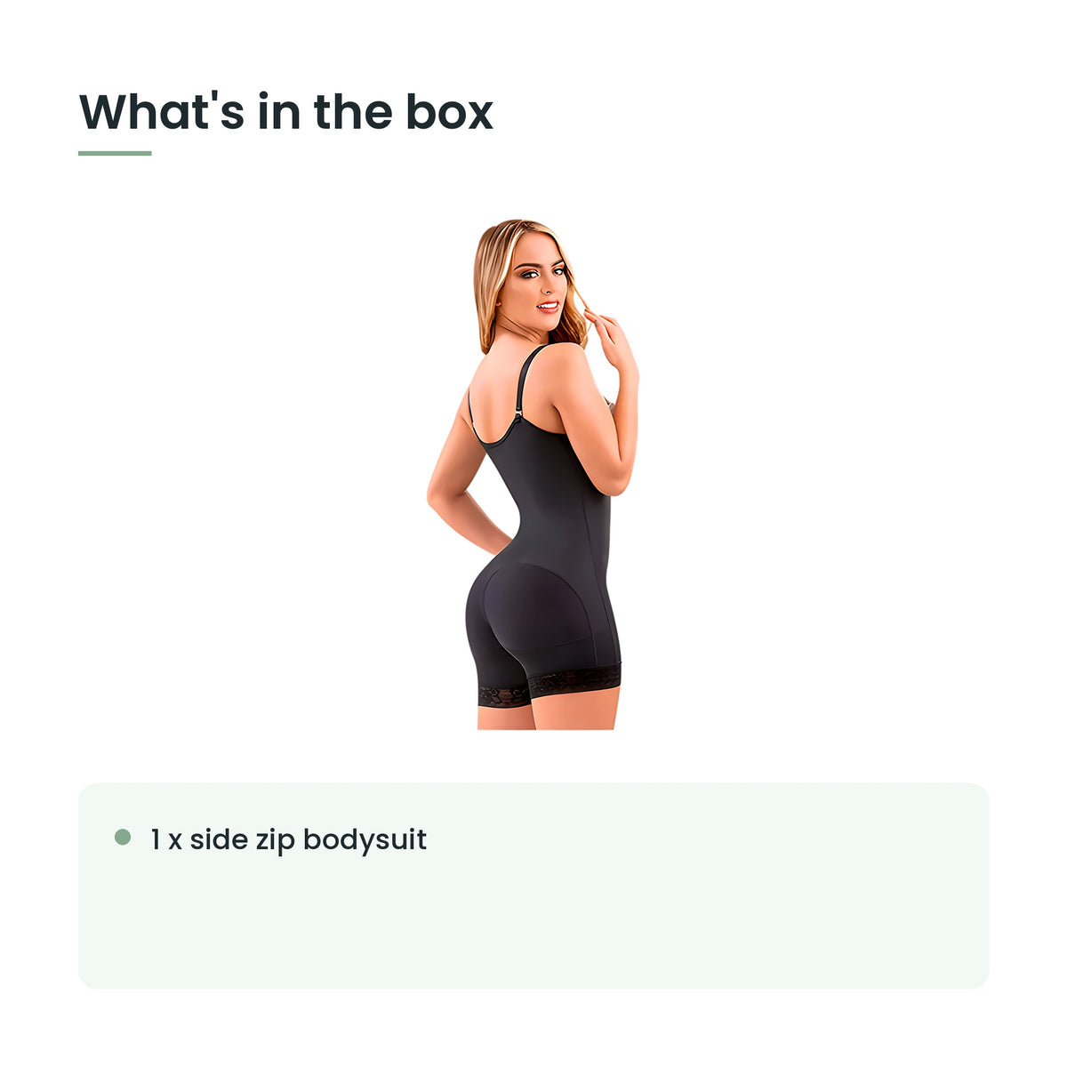 What's in the box: 1 x side zip bodysuit