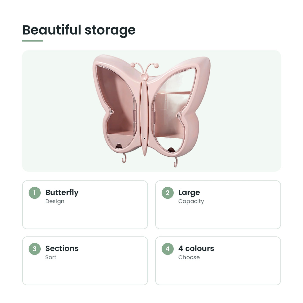 Butterfly jewellery and cosmetic organiser key features: butterfly, large, sections, 4 colours