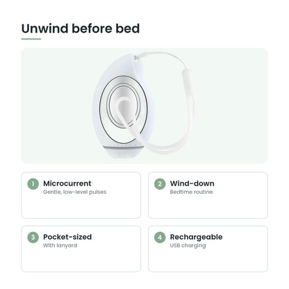 Handheld relaxation device key features: microcurrent, wind-down, pocket-sized, rechargeable