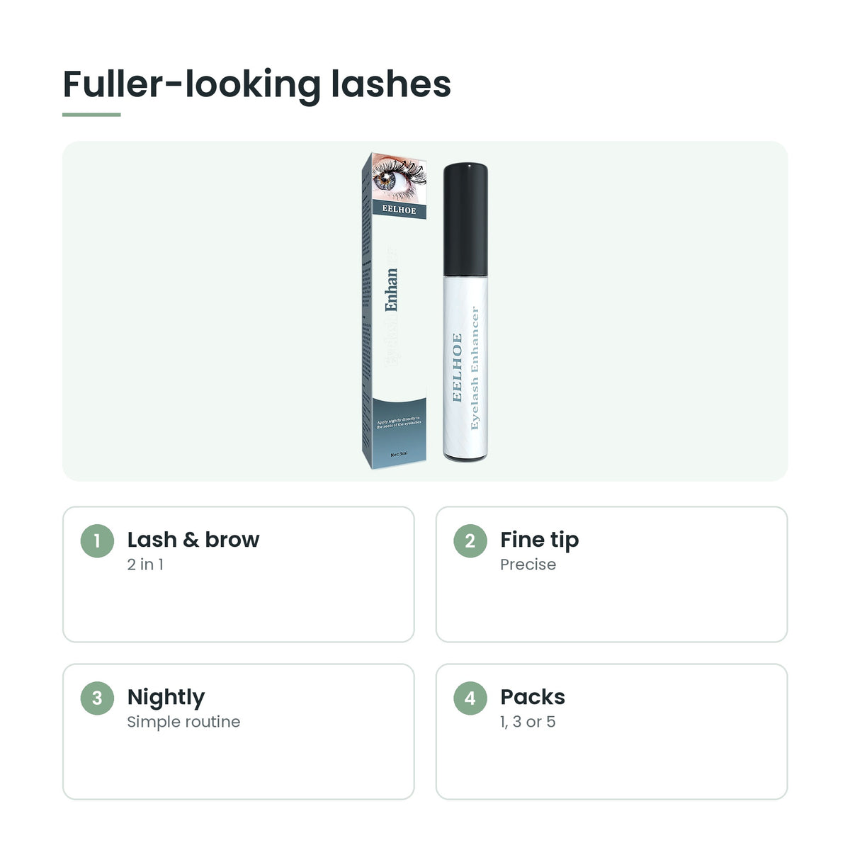 Lash and brow serum key features: lash & brow, fine tip, nightly, packs
