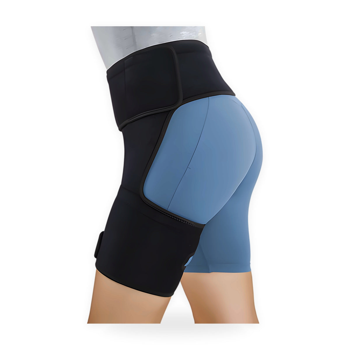 Adjustable hip and thigh support brace on a white background