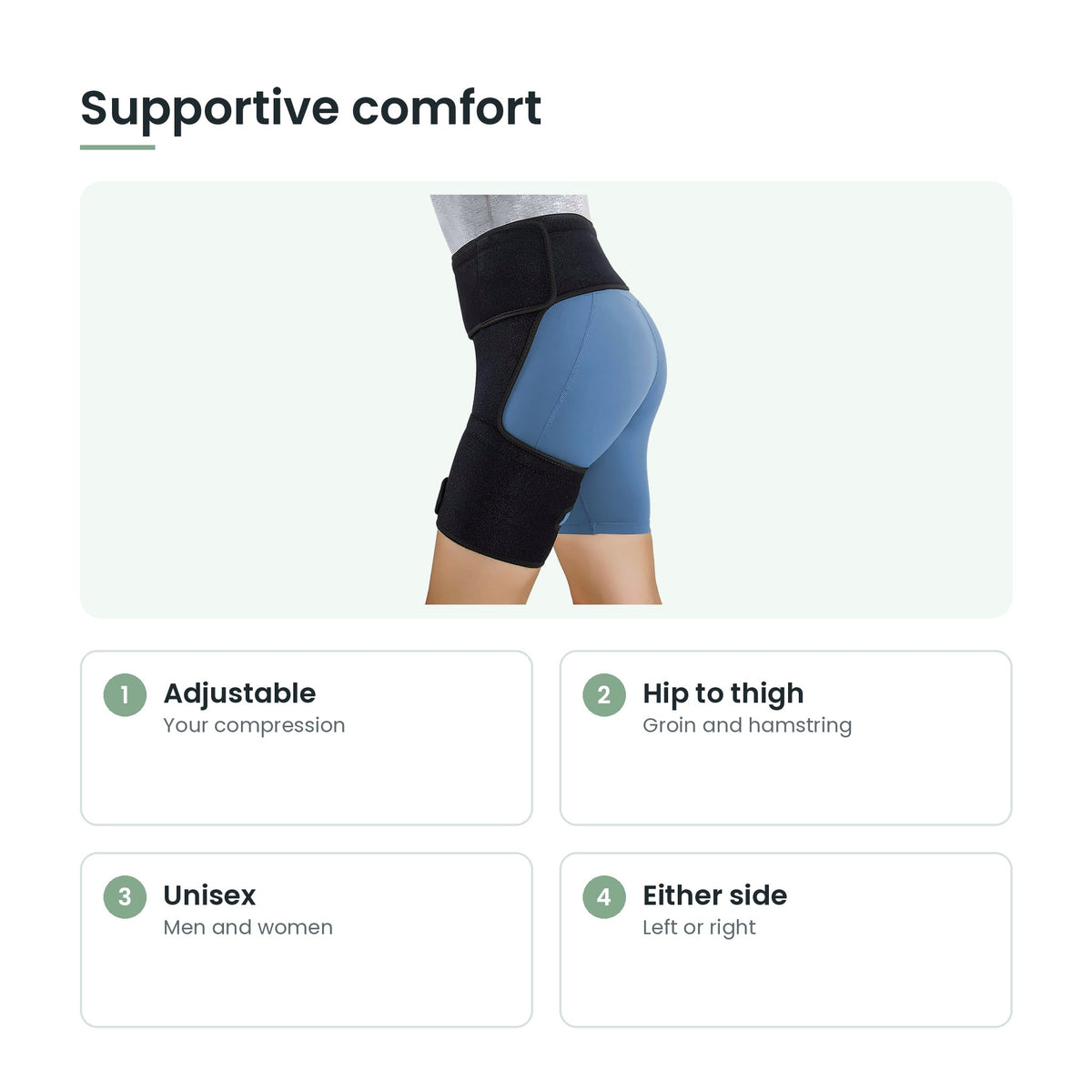 Adjustable hip and thigh support brace key features: adjustable, hip to thigh, unisex, either side