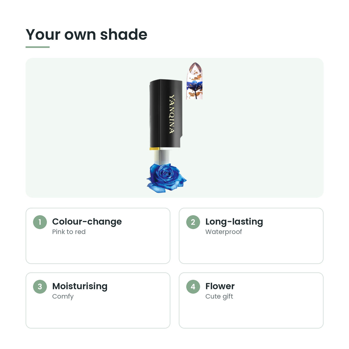Colour-changing jelly lipstick key features: colour-change, long-lasting, moisturising, flower