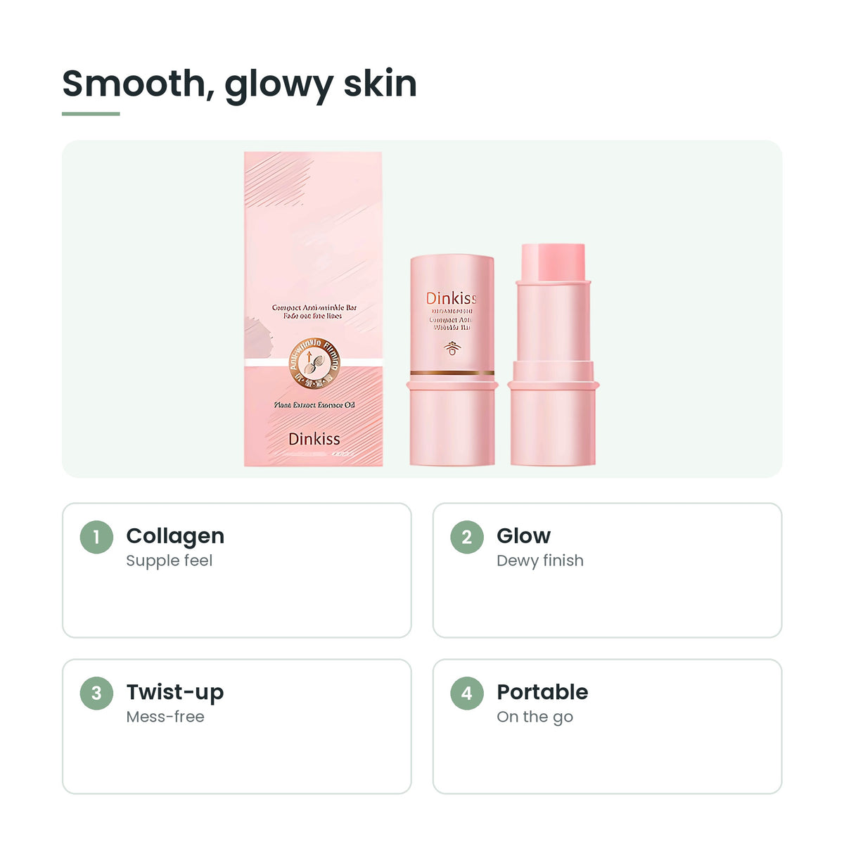 Collagen multi balm stick key features: collagen, glow, twist-up, portable