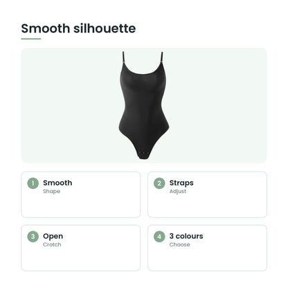 Womens bodysuit shapewear key features: smooth, straps, open, 3 colours