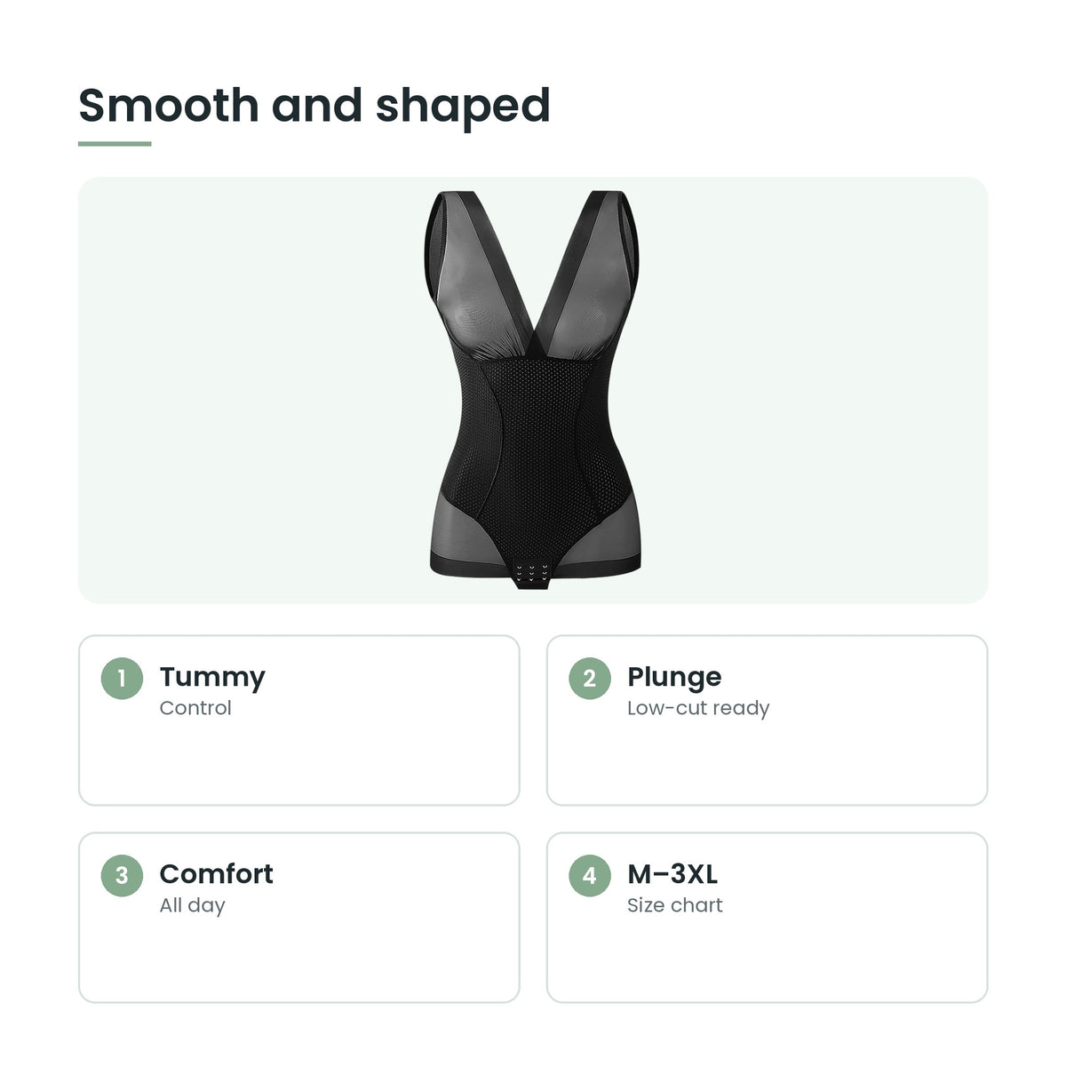Full body shaping bodysuit key features: tummy, plunge, comfort, m–3xl