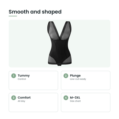 Full body shaping bodysuit key features: tummy, plunge, comfort, m–3xl