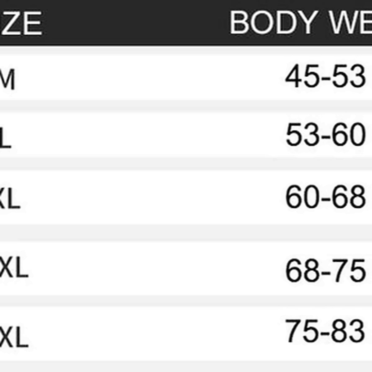Shaping bodysuit size chart