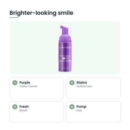 Teeth brightening mousse key features: purple, stains, fresh, pump