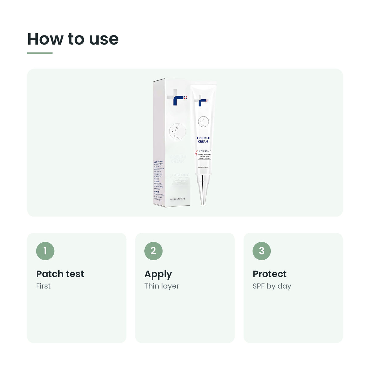 How to use the dark spot corrector cream: patch test, apply, protect