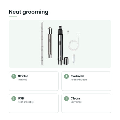 Nose and ear hair trimmer key features: blades, eyebrow, usb, clean