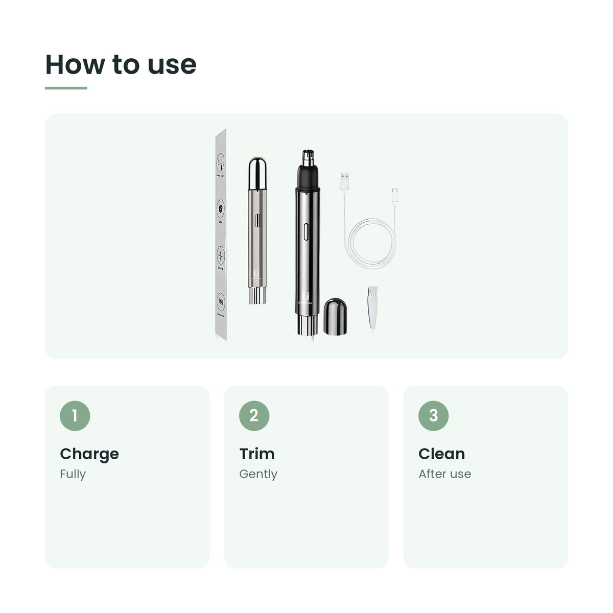 How to use the nose and ear hair trimmer: charge, trim, clean