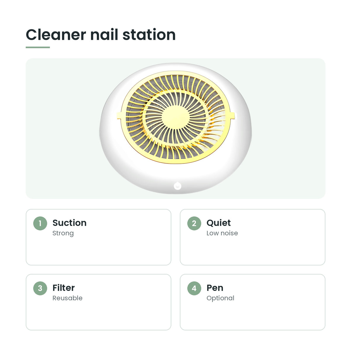 Nail dust collector key features: suction, quiet, filter, pen